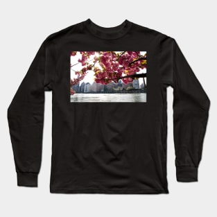 Manhattan Through the Cherry Blossoms. Springtime color photo. Long Sleeve T-Shirt